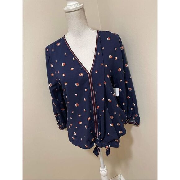 Max Studio Womens Blouse Top Vneck Blue Circle Print Size Small L - Picture 1 of 6